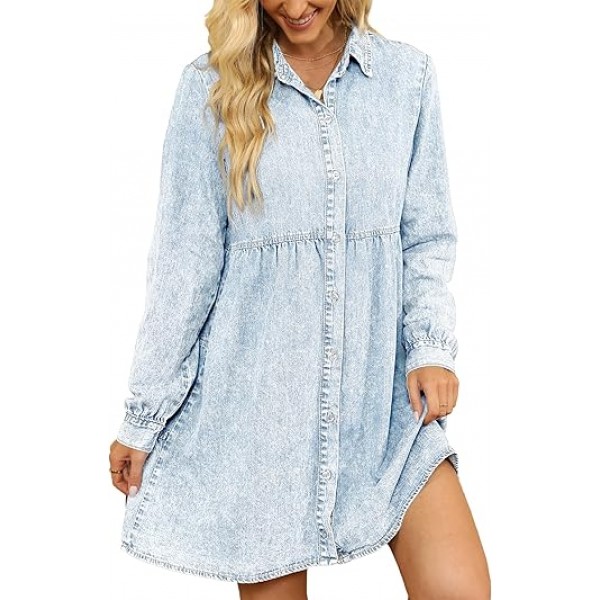 luvamia Denim Dress for Women Babydoll Flowy Cute Jean Shirt Dresses Long Sleeves