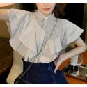 Women's Casual Summer Shirt With Ruffle Trim, Stripe And Print Pattern