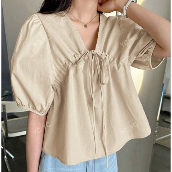 Solid Tie Front Puff Sleeve Blouse