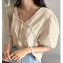 Solid Tie Front Puff Sleeve Blouse