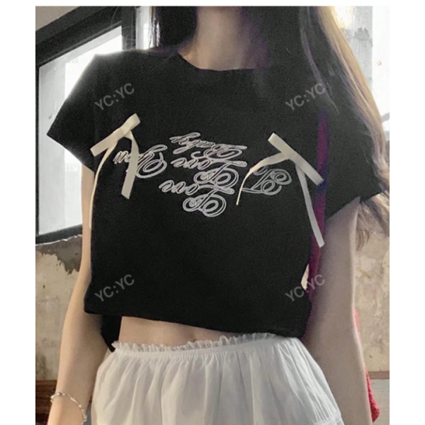 Women's Summer Casual Letter Print Bowknot Decor Short Sleeve T-Shirt