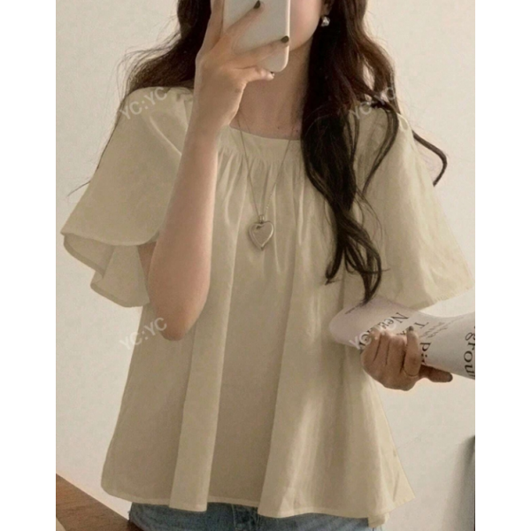 Summer Solid Color Pleated Wide Collar Loose Blouse