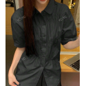 Solid Color Button-Front Loose Short Sleeve Shirt With Turn-Down Collar