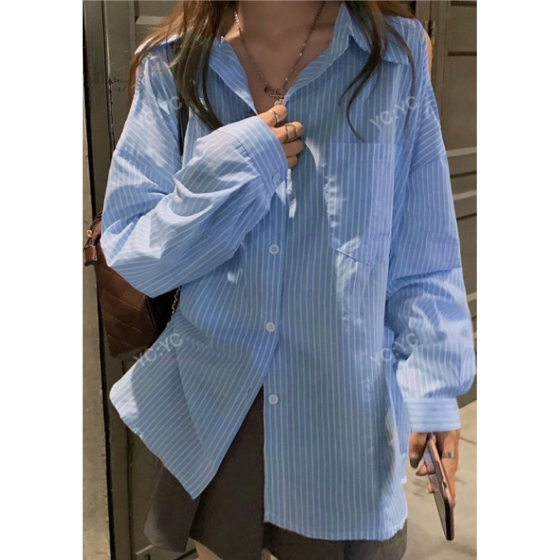 Women's Striped Casual Clod Shoulder Button Up Shirt