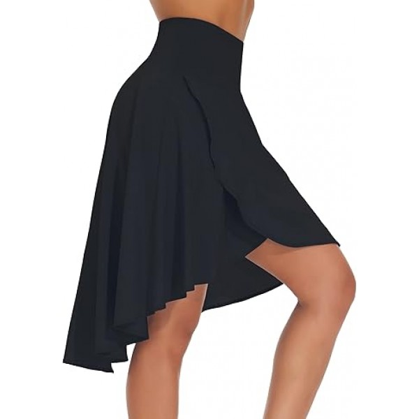 Women's High Waist Wrap Ruffle Hem Asymmetric Skort High Low Flowy Midi Skirt with Shorts