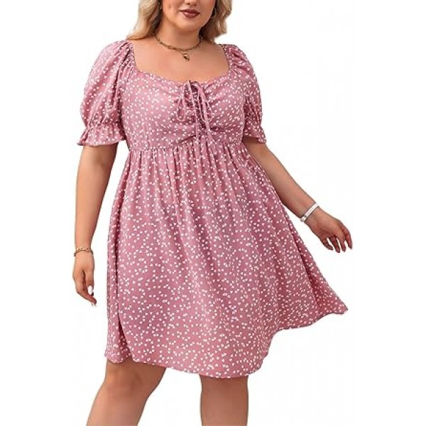 Womens Plus Size Summer Dresses Sweetheart Neck Puff Short Sleeve Tie Swing A Line Midi Dress