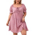 Womens Plus Size Summer Dresses Sweetheart Neck Puff Short Sleeve Tie Swing A Line Midi Dress