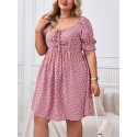 Womens Plus Size Summer Dresses Sweetheart Neck Puff Short Sleeve Tie Swing A Line Midi Dress