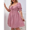 Womens Plus Size Summer Dresses Sweetheart Neck Puff Short Sleeve Tie Swing A Line Midi Dress