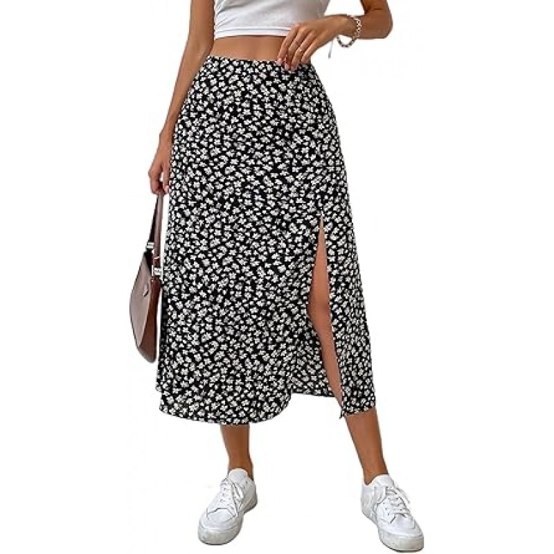 Women Floral Sexy Slit Slip Midi Skirts Boho High Waisted Summer Skirts
