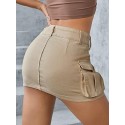 Women's Low Waist Button Bodycon Mini Cargo Denim Skirt with Pocket