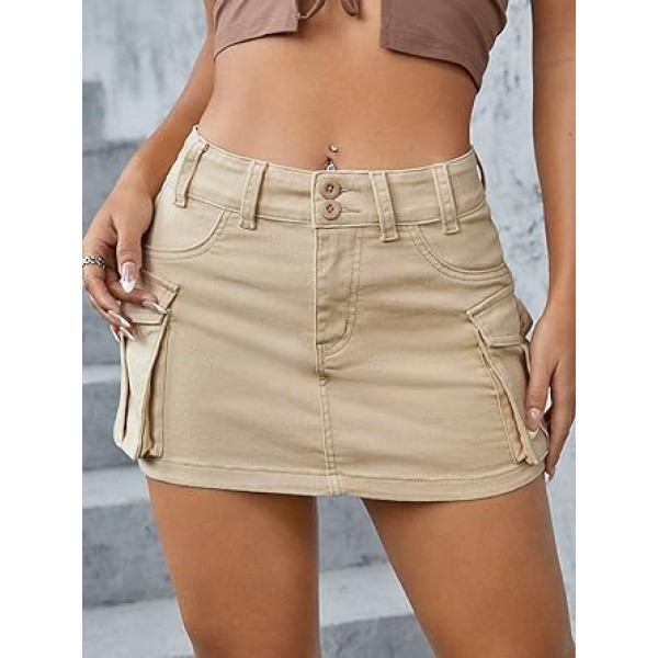 Women's Low Waist Button Bodycon Mini Cargo Denim Skirt with Pocket