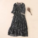 Women Cotton Linen Korean Style Fashion A-Line Dresses Summer Half Sleeve Lace-Up Waist-Defined Floral Casual Dress