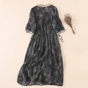 Women Cotton Linen Korean Style Fashion A-Line Dresses Summer Half Sleeve Lace-Up Waist-Defined Floral Casual Dress
