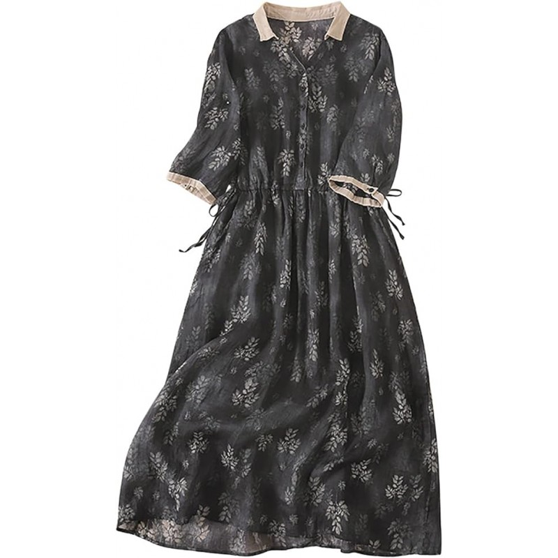 Women Cotton Linen Korean Style Fashion A-Line Dresses Summer Half Sleeve Lace-Up Waist-Defined Floral Casual Dress