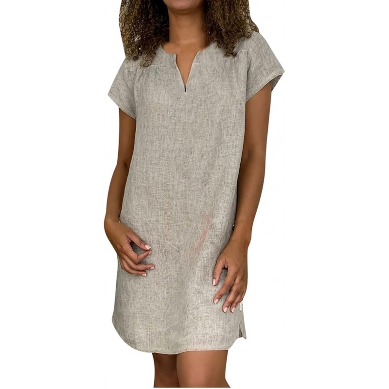 Women Short Sleeve Swing Tunic Cotton Linen T-Shirt Dress Summer Trendy Dressy Casual V Neck Knee Length Plain Dress