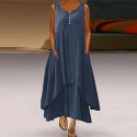 Womens Cotton Linen Button Maxi Tank Dress Flowy High-Low Layered Summer Beach Casual Loose A-Line Dresses Pockers