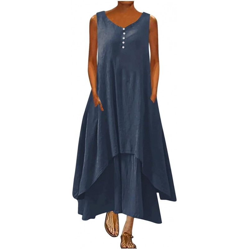 Womens Cotton Linen Button Maxi Tank Dress Flowy High-Low Layered Summer Beach Casual Loose A-Line Dresses Pockers