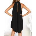 Womens Cotton Linen Draped High-Low Hem Halter Dress Summer Sleeveless Keyhole Back Trendy Flowy Mini Dresses