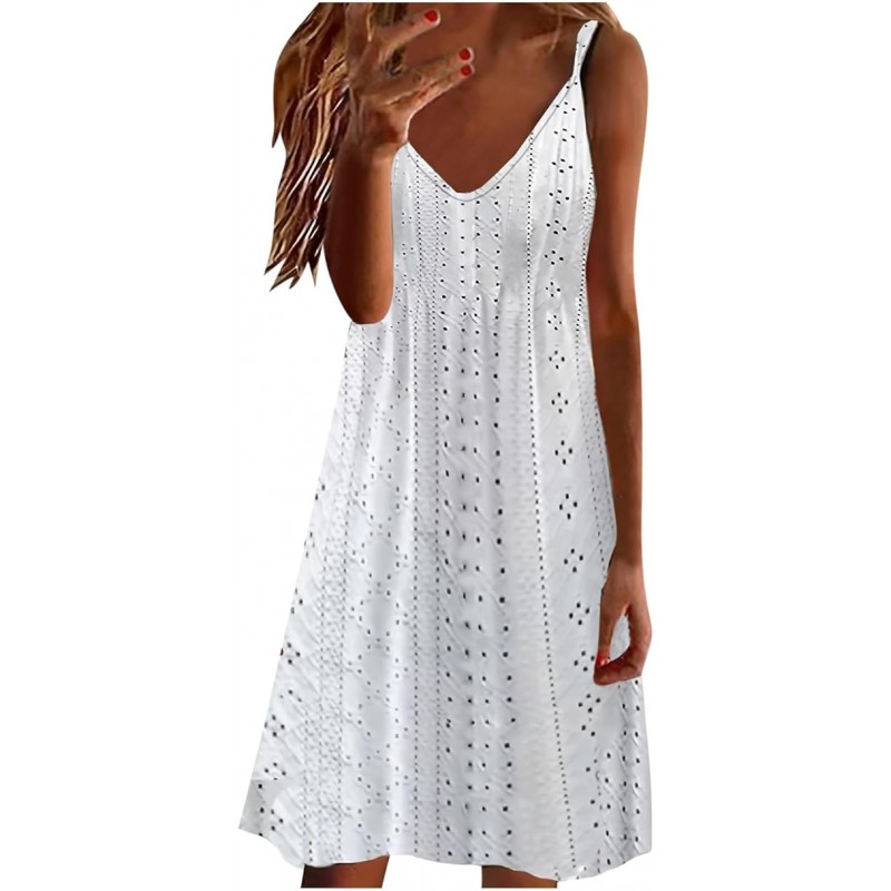 Womens Elegant Eyelet Sleeveless Mini Dress Summer Spaghetti Straps V Neck Tunic Dresses Fashion Hollow Out Sundress