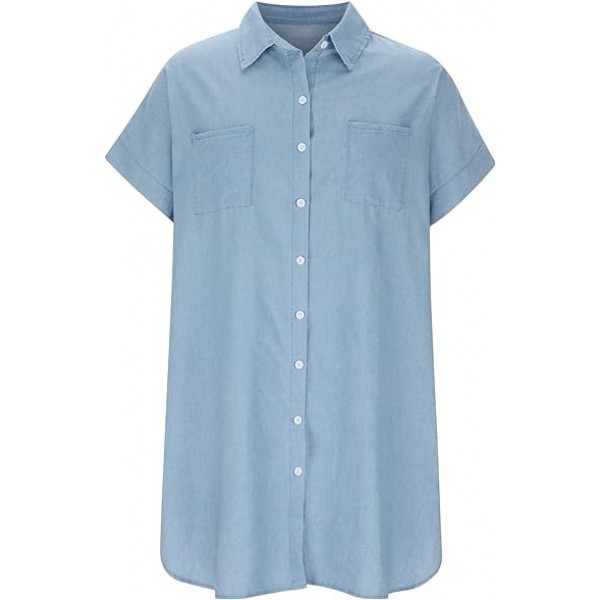 Plus Size Women Classic Short Sleeve T-Shirt Jean Dress Summer Lapel Button Down Midi Thin Denim Dress with Pockets