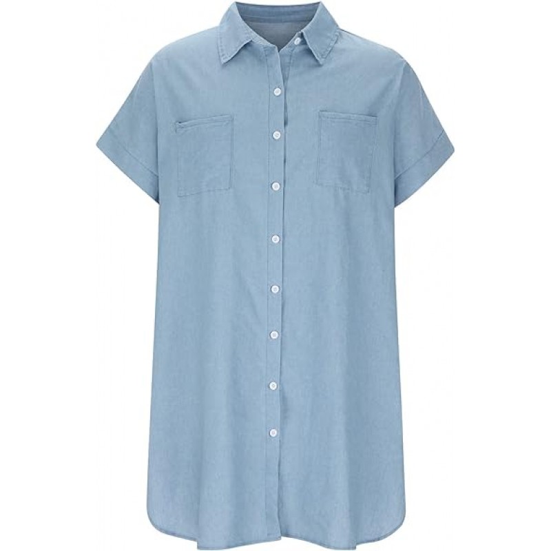 Plus Size Women Classic Short Sleeve T-Shirt Jean Dress Summer Lapel Button Down Midi Thin Denim Dress with Pockets